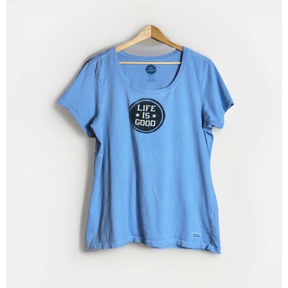 LIfe is Good Logo Crusher Tee Size L Short Sleeve Scoop Neck Classic Fit Blue